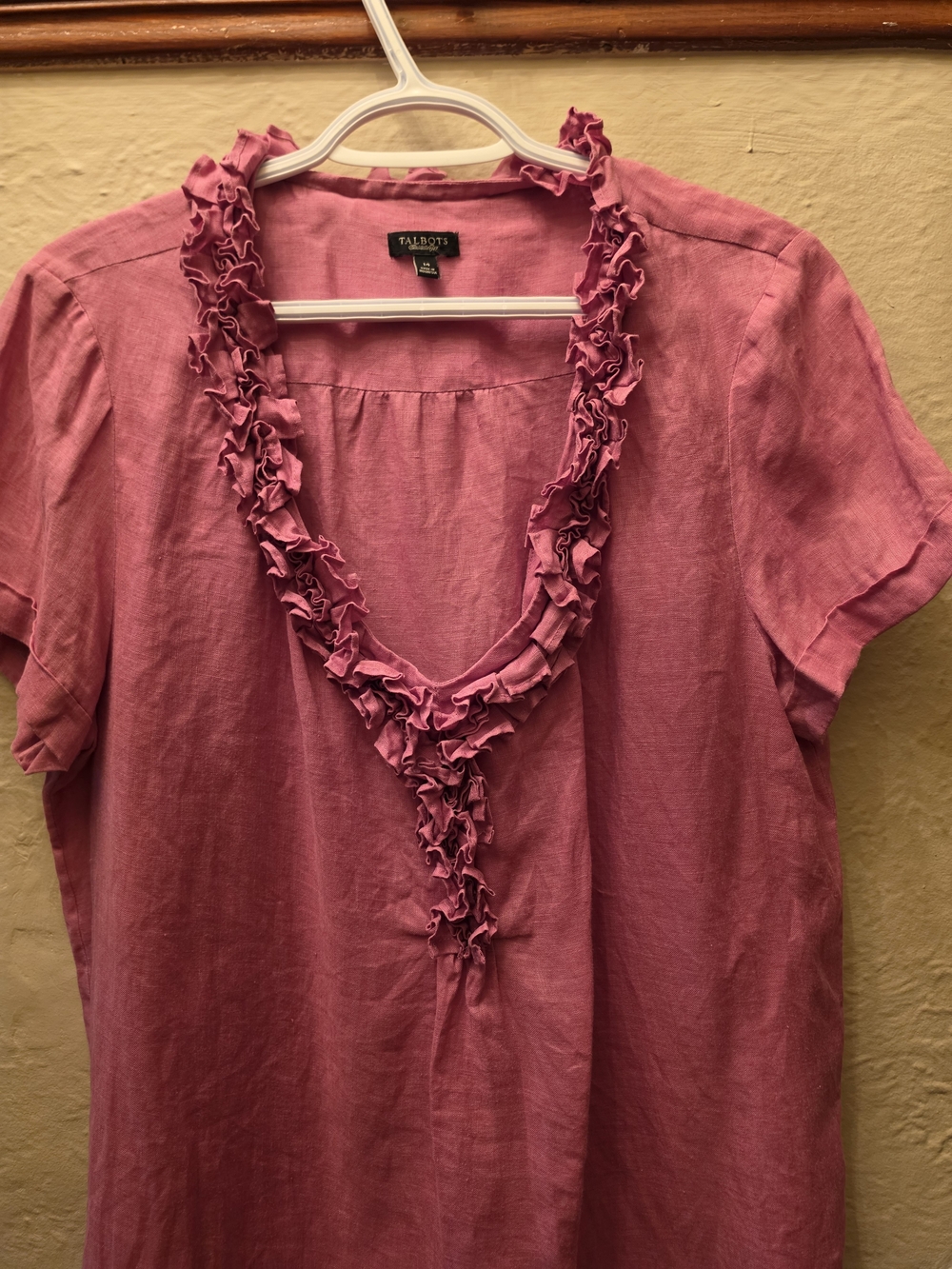 Talbots Pure Linen Pink Ruffle Neck Blouse Size 14 - Picture 5 of 11